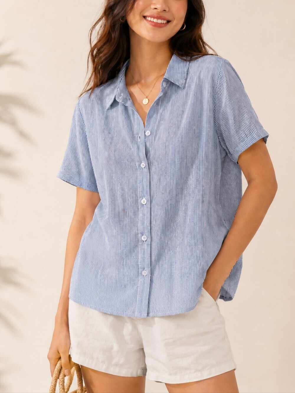 J.Jill Coastal Linen Striped Button Front Shirt with Printed Back Detail